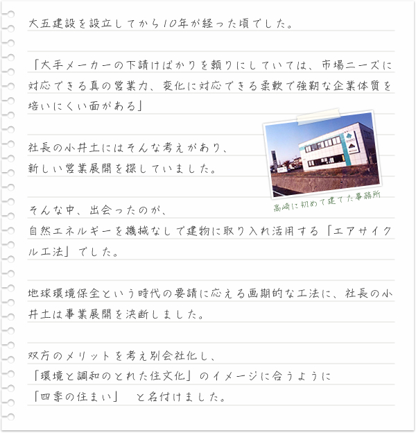 大五建設を設立してから10年が経った頃でした。 「大手メーカーの下請けばかりを頼りにしていては、市場ニーズに対応できる真の営業力、変化に対応できる柔軟で強靭な企業体質を培いにくい面がある」社長の小井土にはそんな考えがあり、新しい営業展開を探していました。そんな中、出会ったのが、自然エネルギーを機械なしで建物に取り入れ活用する「エアサイクル工法」でした。地球環境保全という時代の要請に応える画期的な工法に、社長の小井土は事業展開を決断しました。双方のメリットを考え別会社化し、「環境と調和のとれた住文化」のイメージに合うように「四季の住まい」 と名付けました。